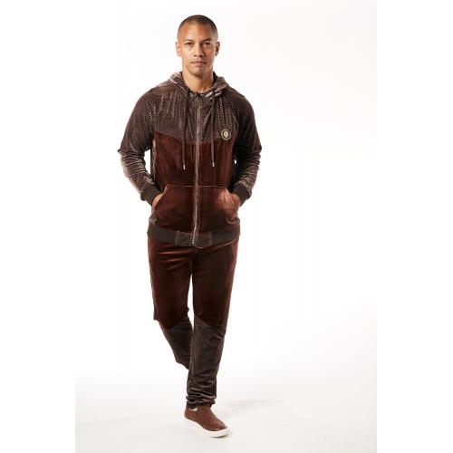 Stacy Adams Brown Combo Cotton Velour Hooded Modern Fit Tracksuit Outfit 2606
